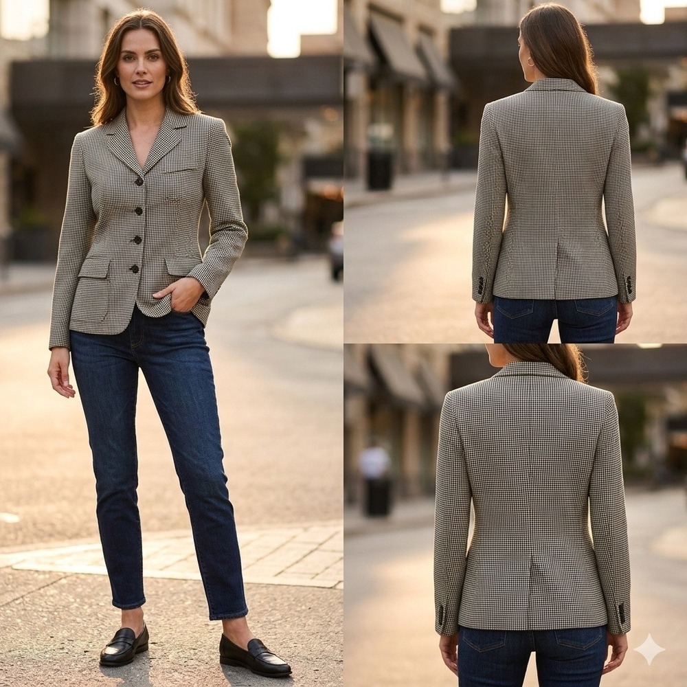 Ralph‎ Lauren Blue Label Women's Houndstooth Wool Blazer Jacket Size 8 Vintage